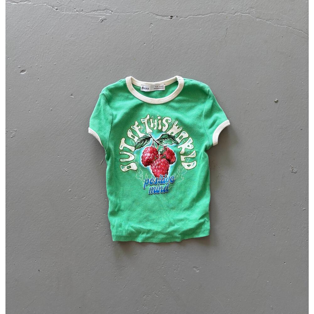 Bershka Kids strawberry ringer baby tee — 10–12Y, green rib knit